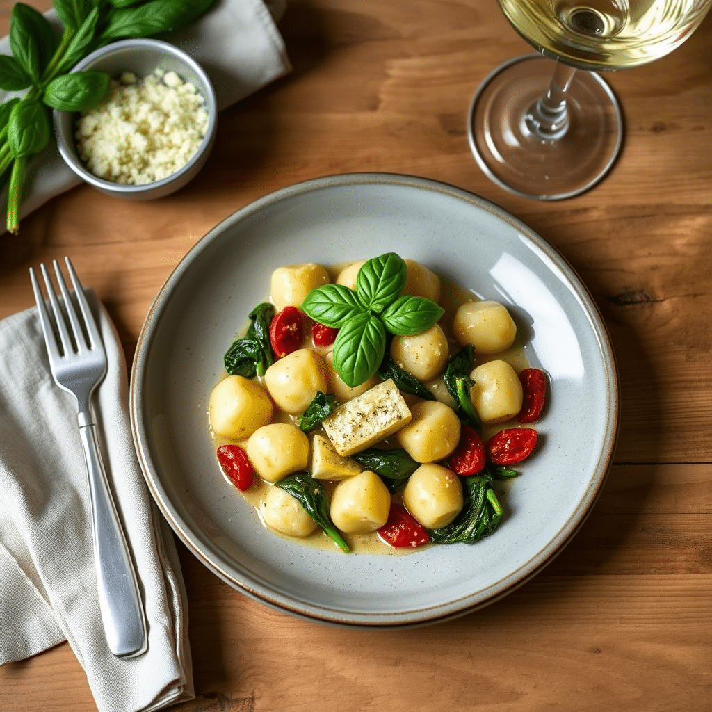 A 45-degree side-angle captures the full table setup with a focus on the bowl of Creamy Tuscan Gnocchi placed centrally and prominently. The gnocchi appear plump and tender, visibly soaked in the creamy sauce, with curls of spinach and pieces of sun-dried tomato floating atop. The sauce pools lightly at the bottom, suggesting a luscious consistency. The plate rests on a soft beige tablecloth, and beside it are gold-toned cutlery and a neatly folded white linen napkin. In the background, there’s a rustic wooden board with crusty bread slices, slightly out of focus, and a small ceramic bowl of cracked black pepper. The lighting is natural, angled from the left to create highlights on the sauce and gentle shadows that enhance depth. The color palette is consistent—warm, earthy tones of tan, cream, muted red, and soft greens. The composition is elegant and inviting, suitable for a lifestyle food magazine, perfectly showcasing the dish's homestyle sophistication.